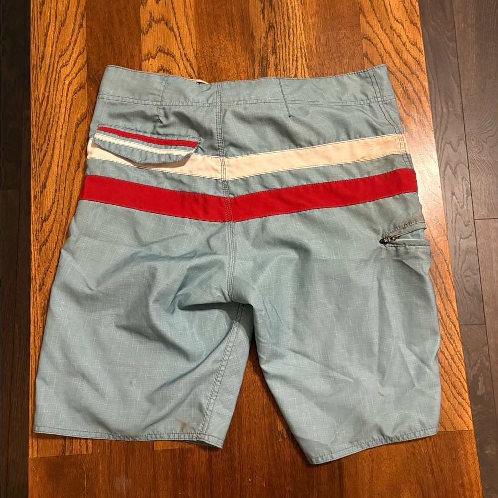 Split Men's Blue Board Shorts with Red and White Accents - Picture 2 of 3